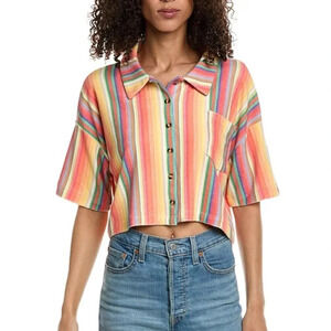 Chaser Womens Size Xsmall Rainbow Multistripe Cropped  Terry Button Shirt